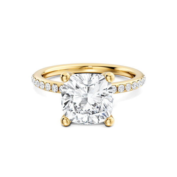 Yellow Gold Cushion-Cut Diamond Engagement Ring with Pav&eacute; Band